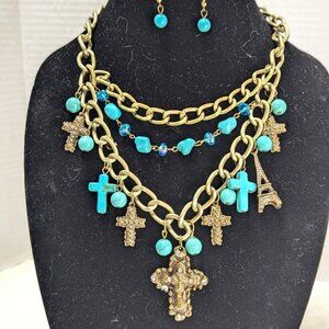 Southwestern Aqua Turquoise Goldtone Cross Pendants Statement Necklace